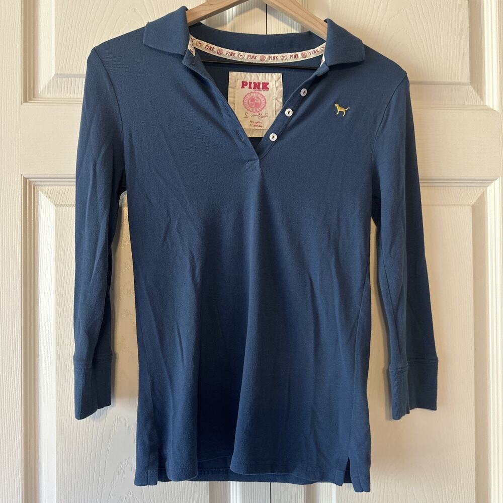 Vintage - Victoria's Secret PINK Polo Top LOVE PINK in Velvet Letters - S